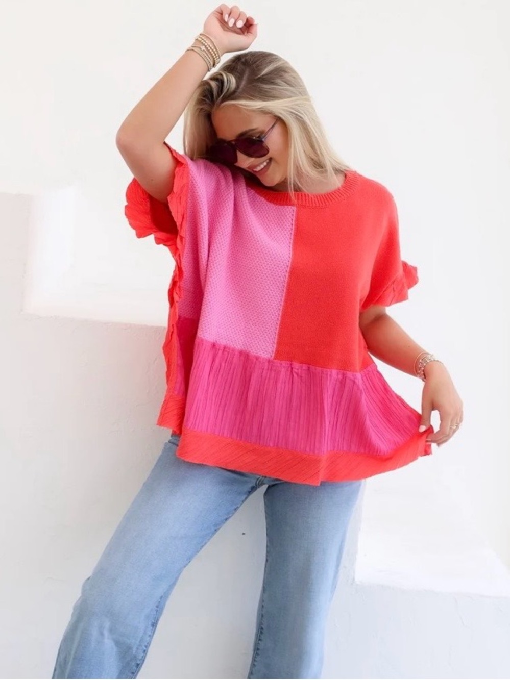 Davi & Dani Mix Match Textured Ruffle Colorblock Sweater Top